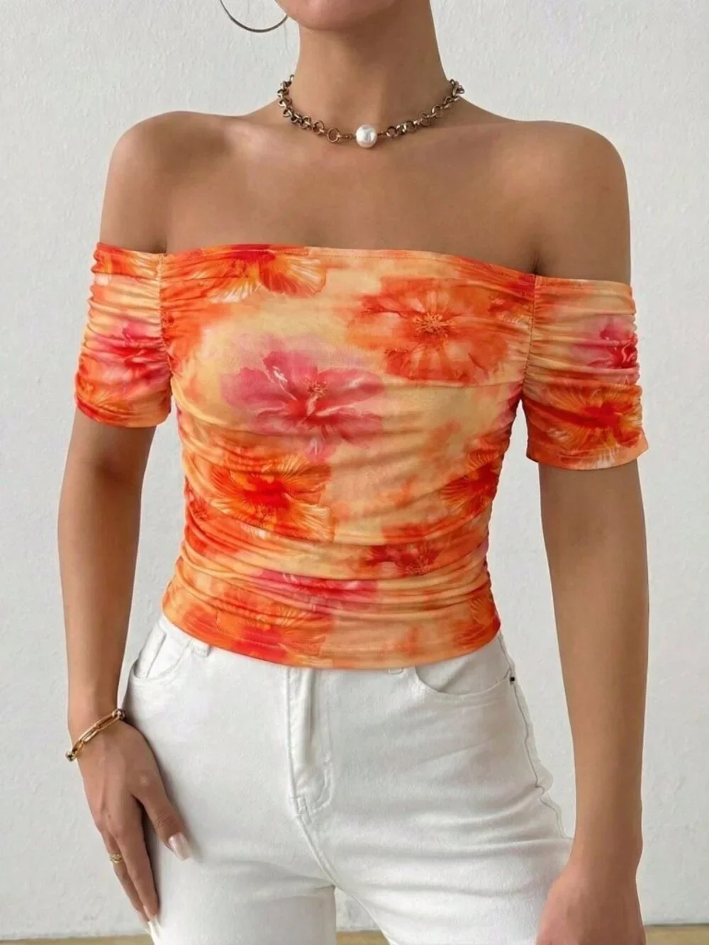 Orange Casual Women's Off-Shoulder Ruched Floral Print Beach T-Shirt
